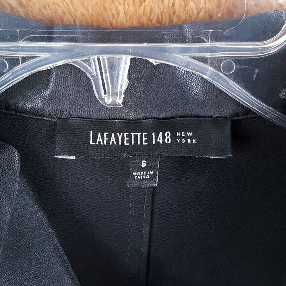 LAFAYETTE 148 Womens Top Size 6 Black Button Up Shirt Faux Leather Trim Stretch - Picture 4 of 11